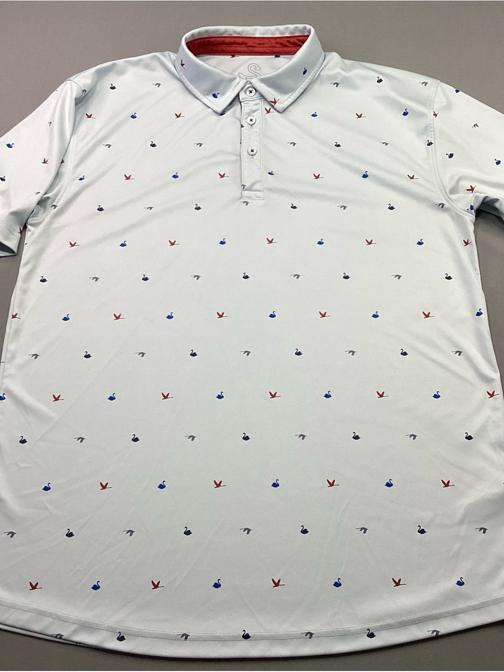 Swannies Mens Performance Golf Polo Shirt Light Blue AOP Swans Sz Large Stretch